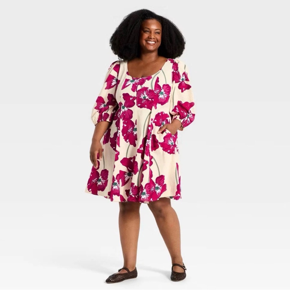 Ava & Viv NWT Cream and Pink Floral A-Line Midi Dress Size 2X - Picture 2 of 4